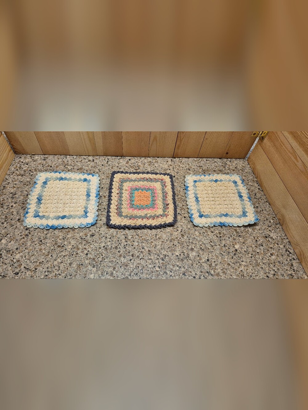 Vtg Crochet Potholders Trivets Set of 3 Granny Square Cottagecore Blue Pink Boho